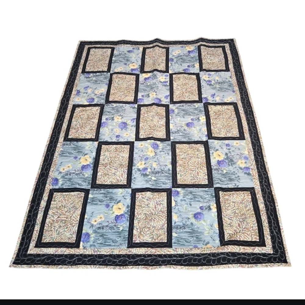 Handmade Watercolor Floral Window Style Quilted Throw Blanket